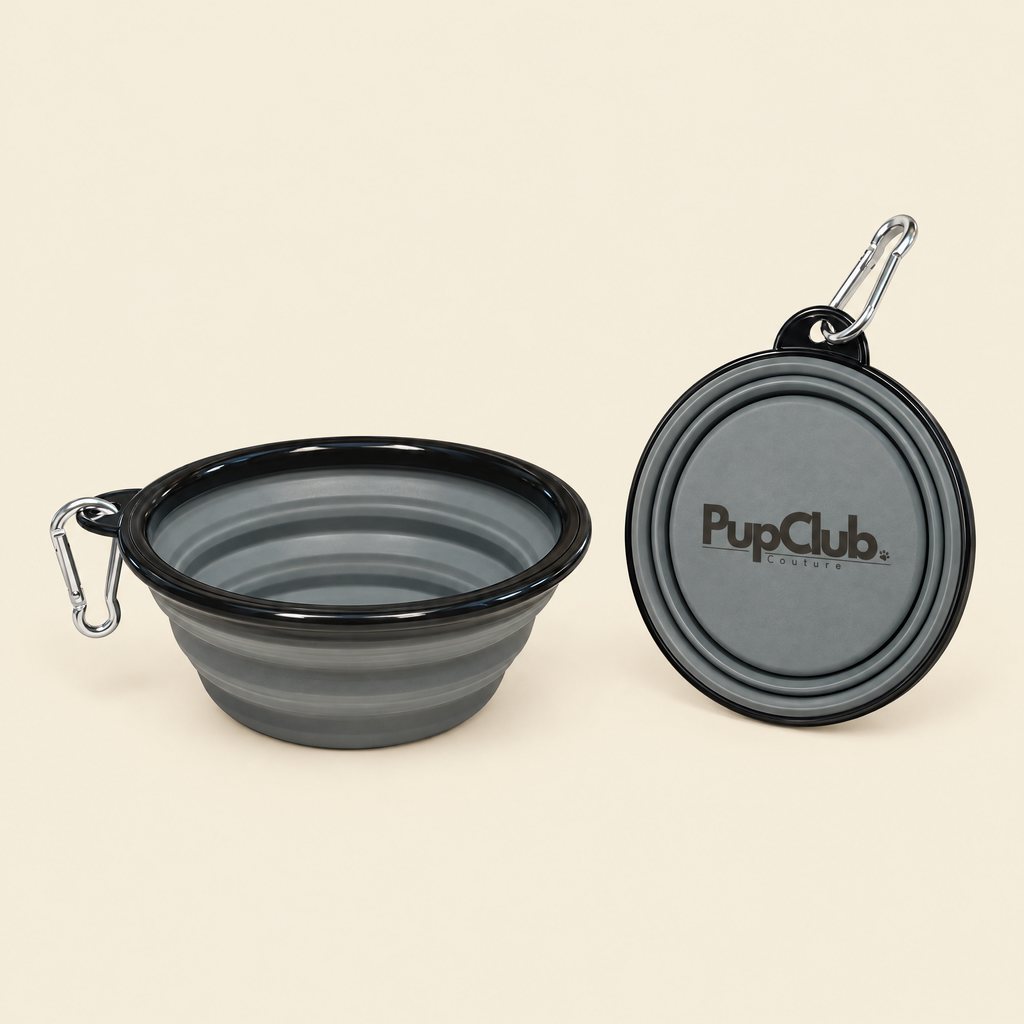 Grey collapsible travel dog bowl by PupClub Couture, open and folded flat