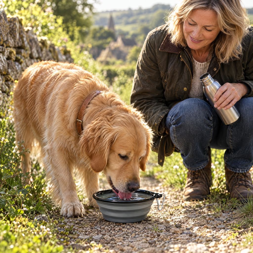 Golden Retriever drinking from the grey collapsible travel bowl on a countryside walk