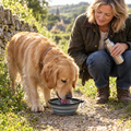 Golden Retriever drinking from the grey collapsible travel bowl on a countryside walk
