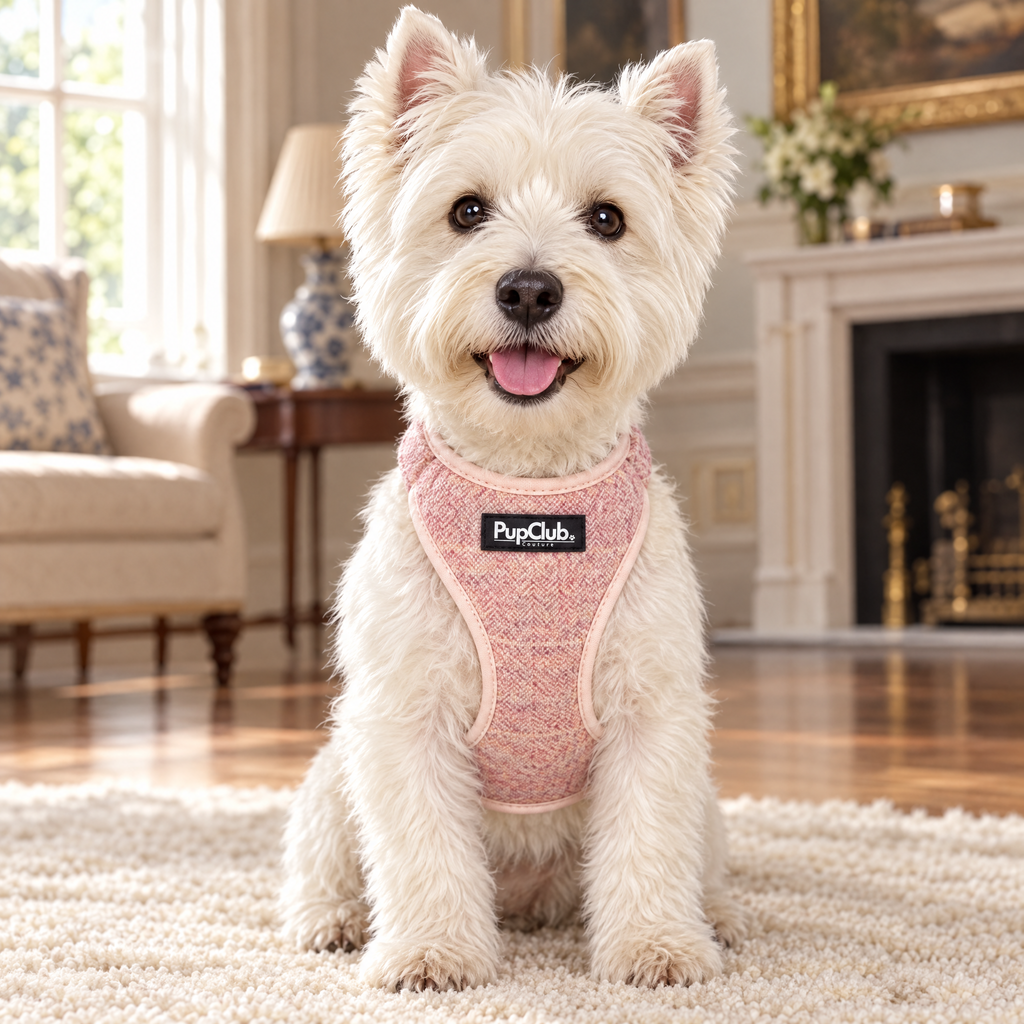 West Highland Terrier wearing the Tweed Pink adjustable dog harness by PupClub Couture, front view showing the chest panel and label