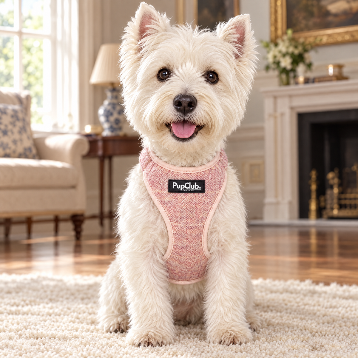 West Highland Terrier wearing the Tweed Pink adjustable dog harness by PupClub Couture, front view showing the chest panel and label