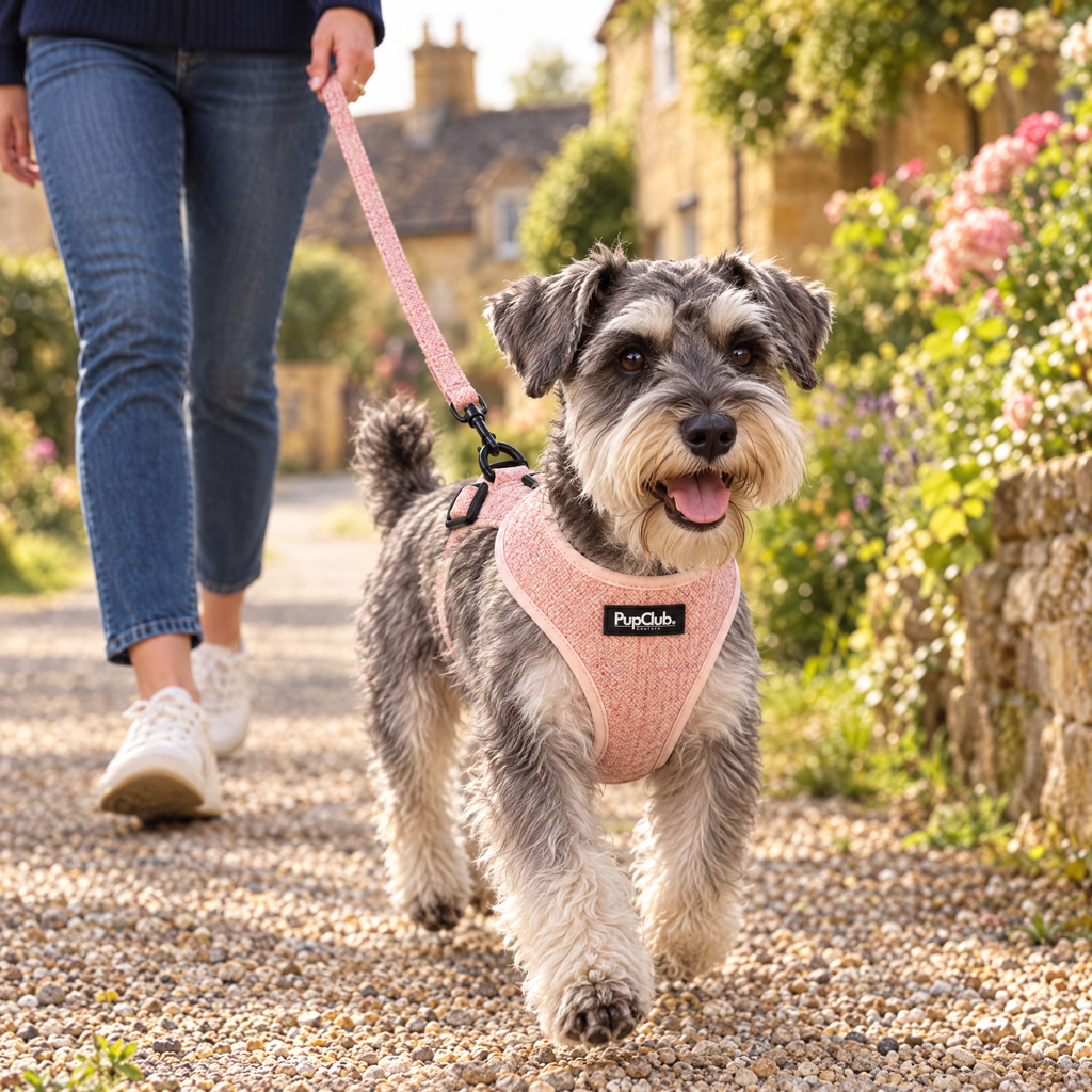 Miniature Schnauzer out on a walk in the Tweed Pink adjustable harness and matching lead by PupClub Couture