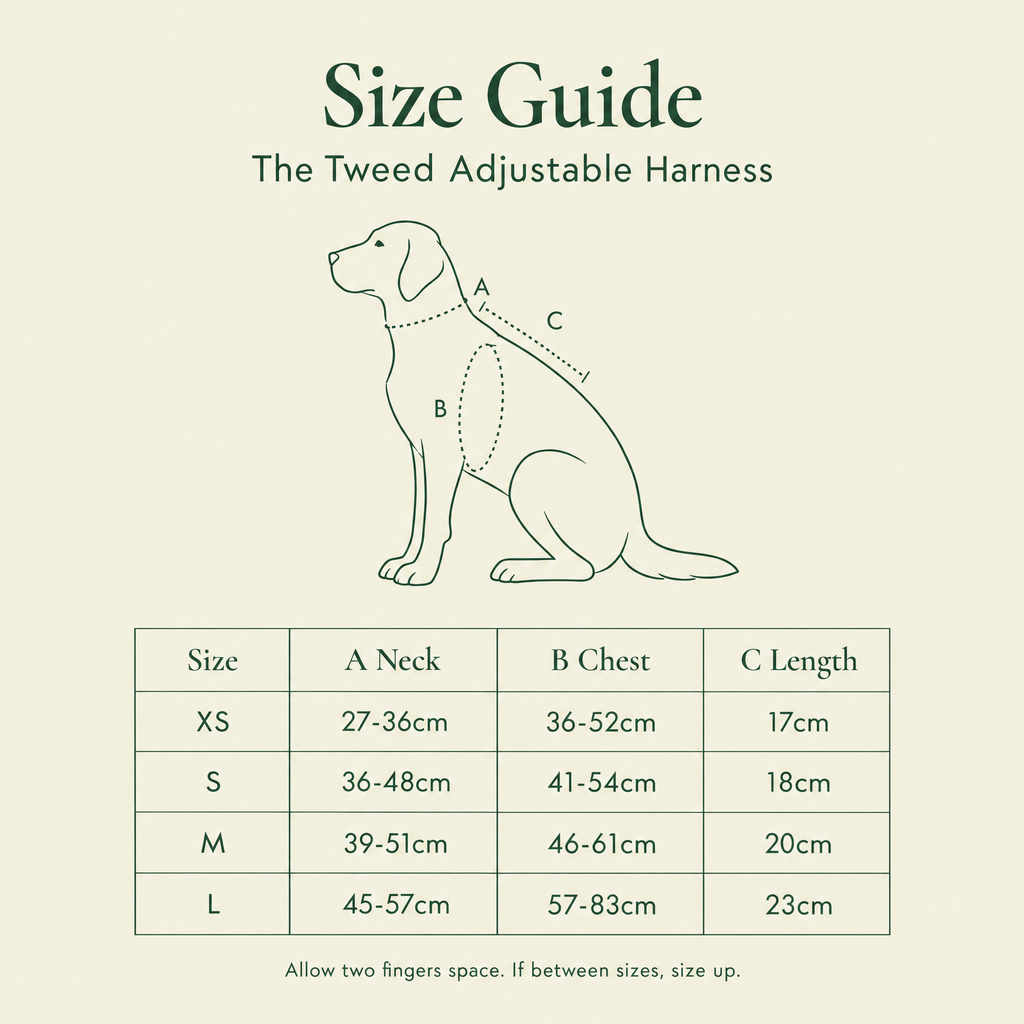 Size guide for the Tweed Adjustable dog harness