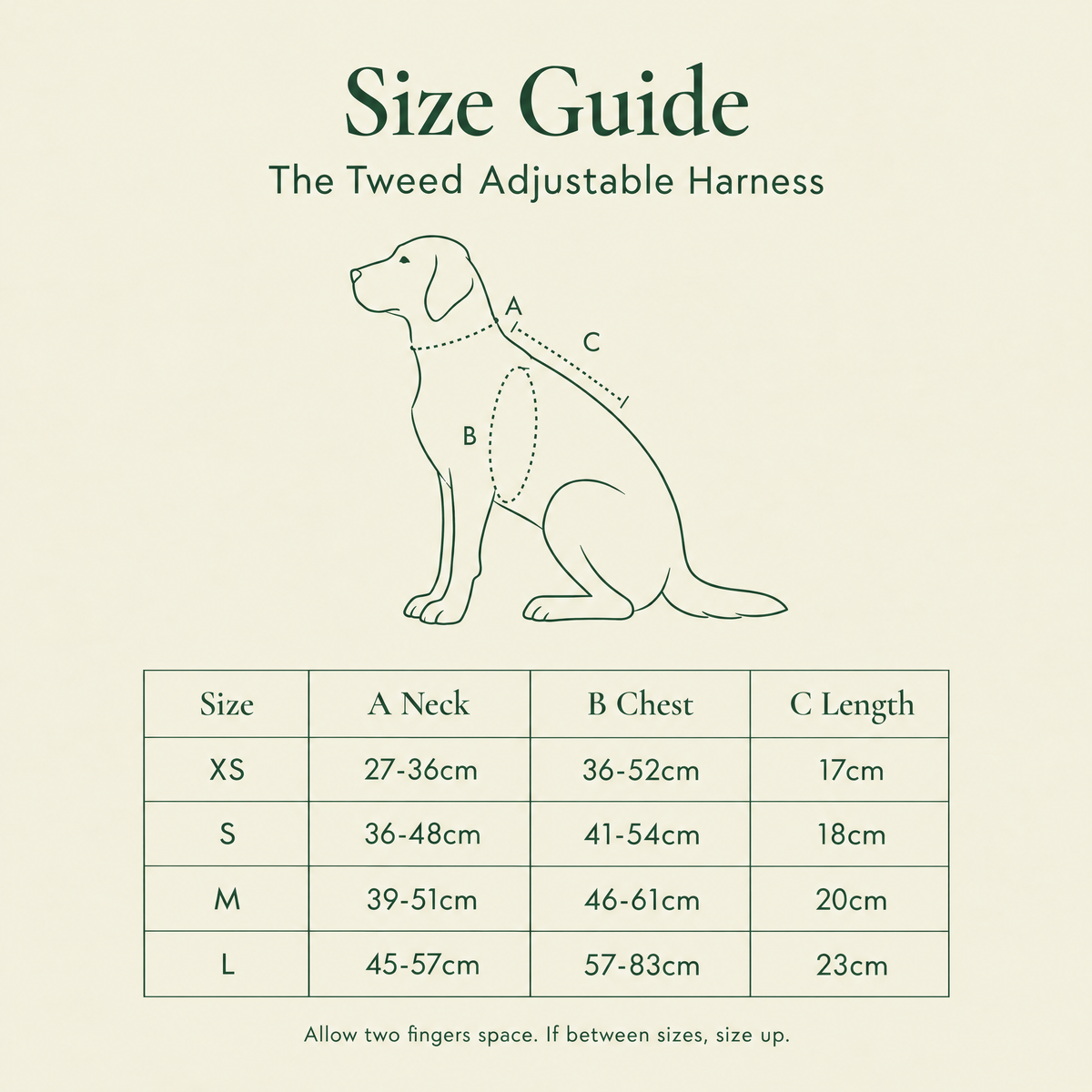 Size guide for the Tweed Adjustable dog harness