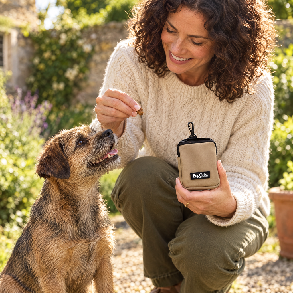 Tan treat pouch by PupClub Couture at treat time with a happy dog