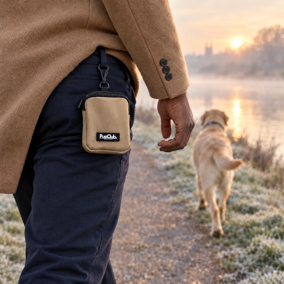 Tan treat pouch clipped on for a dog walk