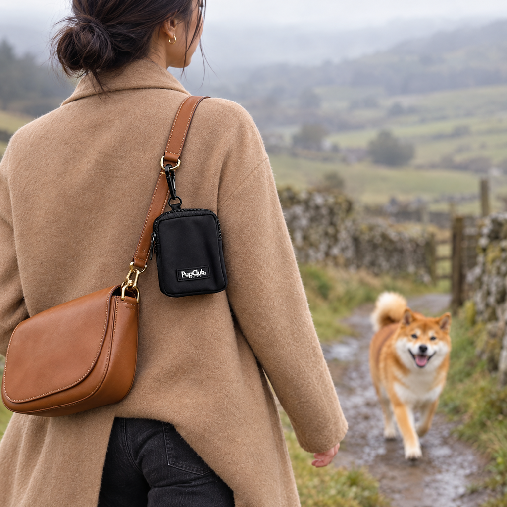 Black treat pouch clipped on for a dog walk