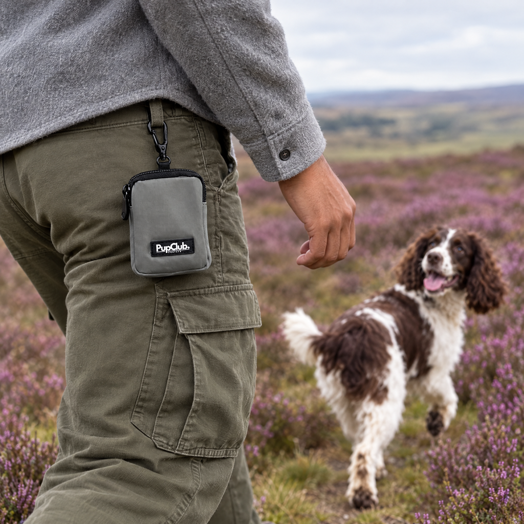 Grey treat pouch clipped on for a dog walk