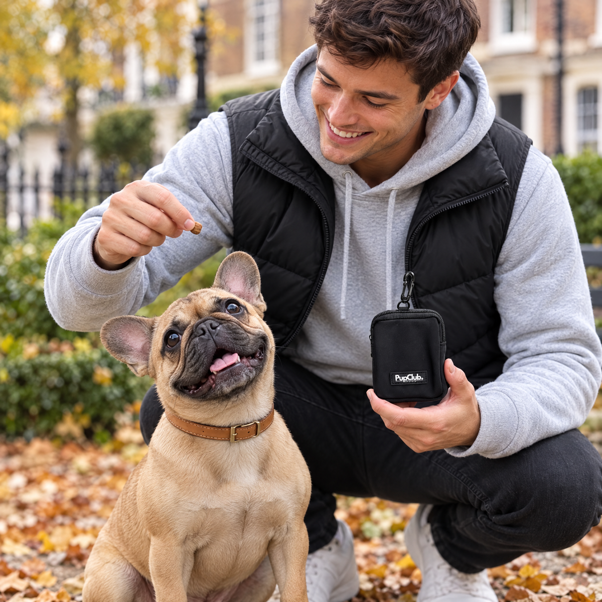 Black treat pouch by PupClub Couture at treat time with a happy dog