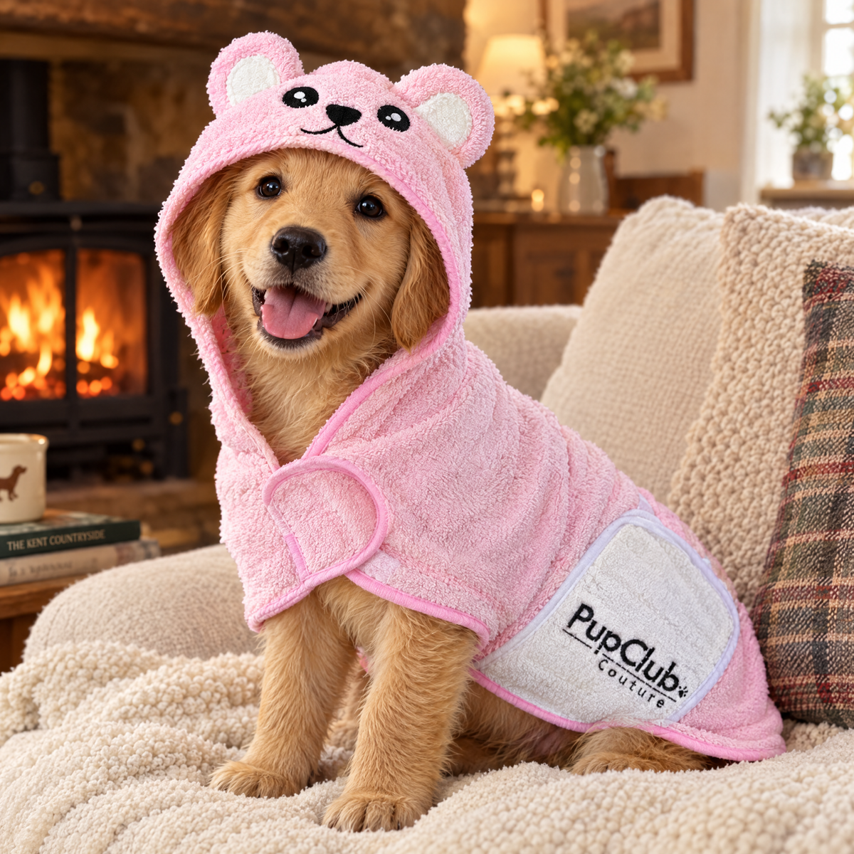 Puppy relaxing in the Pink teddy bear drying robe by PupClub Couture