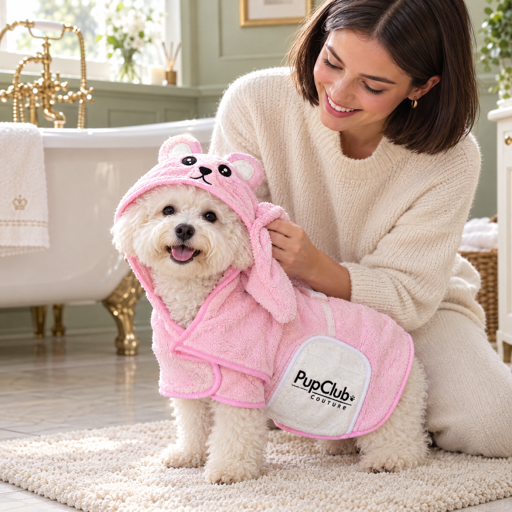 Puppy being dried in the Pink teddy bear drying robe by PupClub Couture