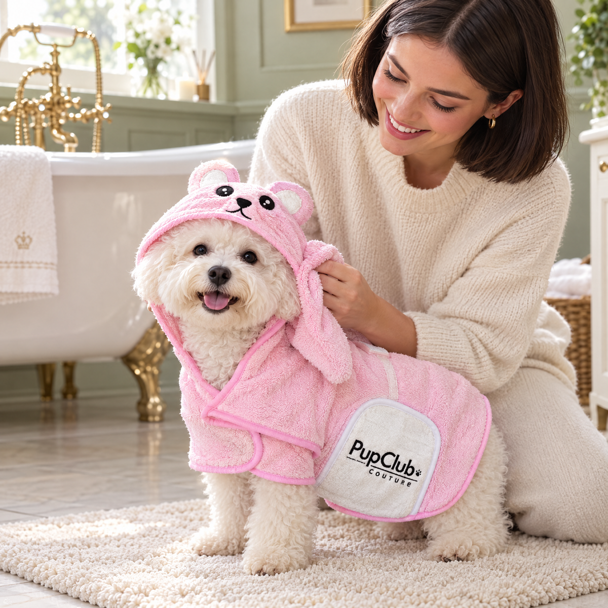 Puppy being dried in the Pink teddy bear drying robe by PupClub Couture