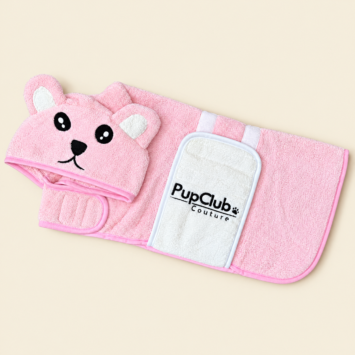 Pink dog drying robe with teddy bear hood by PupClub Couture