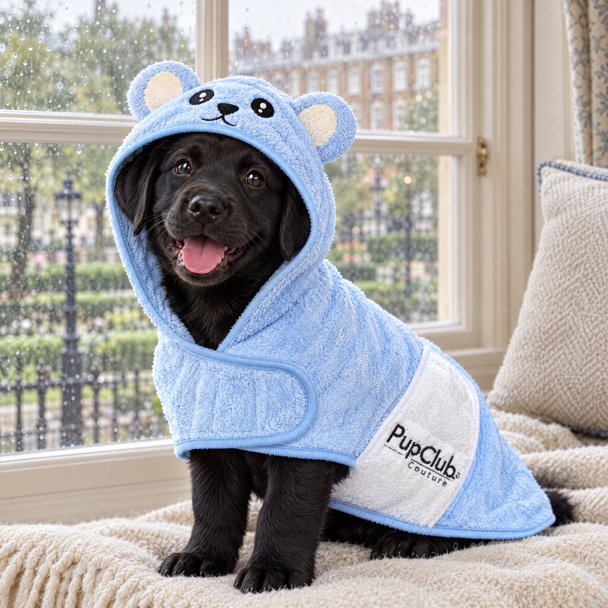 Puppy relaxing in the Blue teddy bear drying robe by PupClub Couture