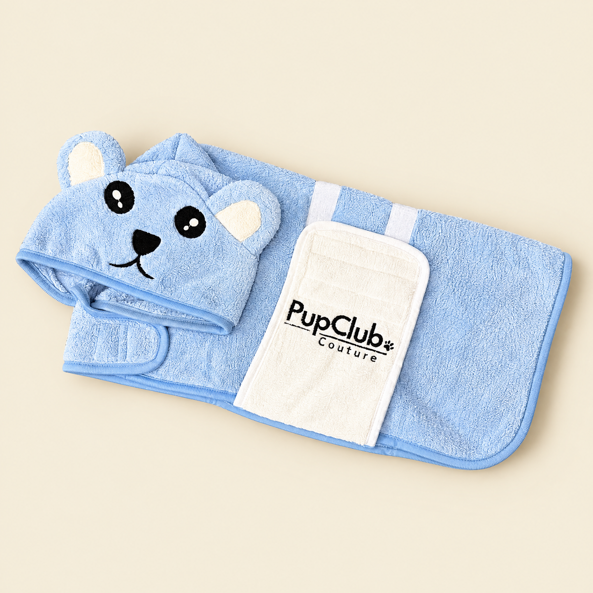 Blue dog drying robe with teddy bear hood by PupClub Couture
