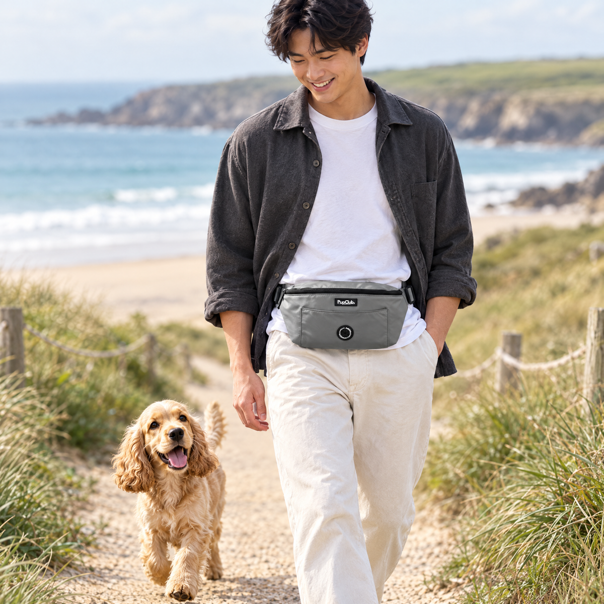 Dog walker wearing the Grey dog walking bum bag by PupClub Couture