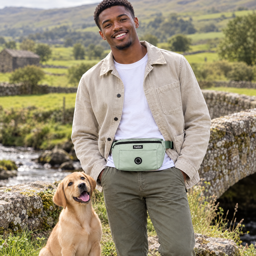 Dog walker wearing the Sage Green dog walking bum bag by PupClub Couture