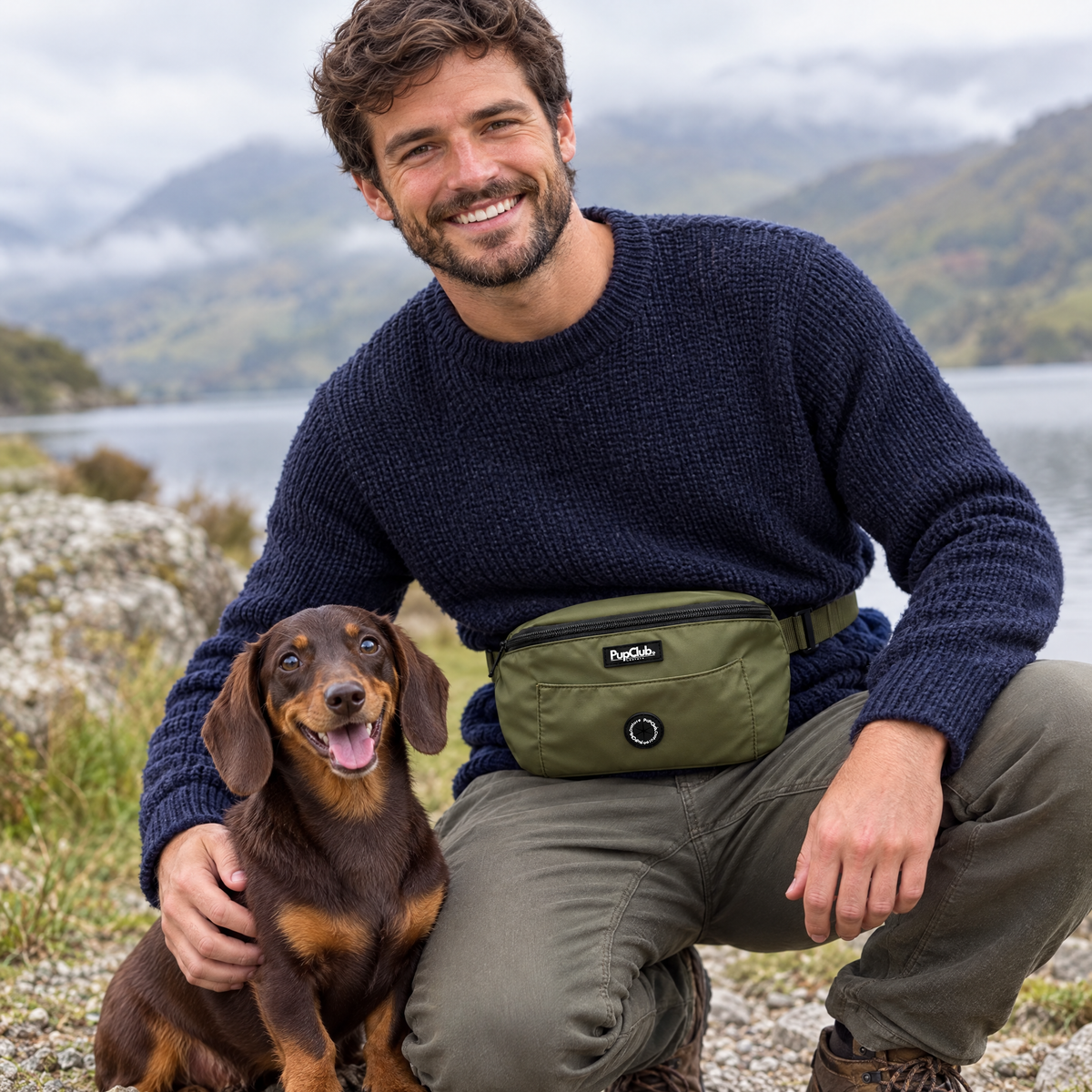 Dog walker wearing the Khaki Green dog walking bum bag by PupClub Couture