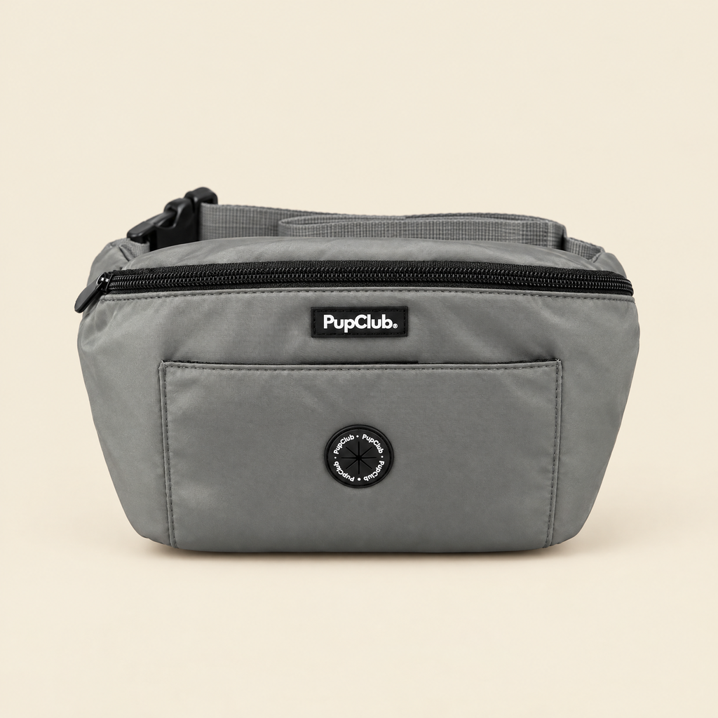 Grey dog walking bum bag with poo bag dispenser by PupClub Couture