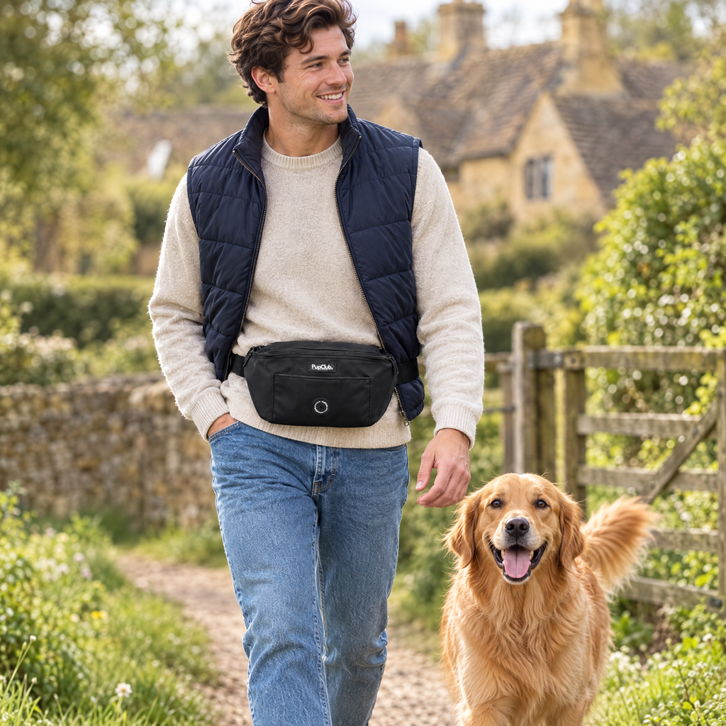 Dog walker wearing the Black dog walking bum bag by PupClub Couture