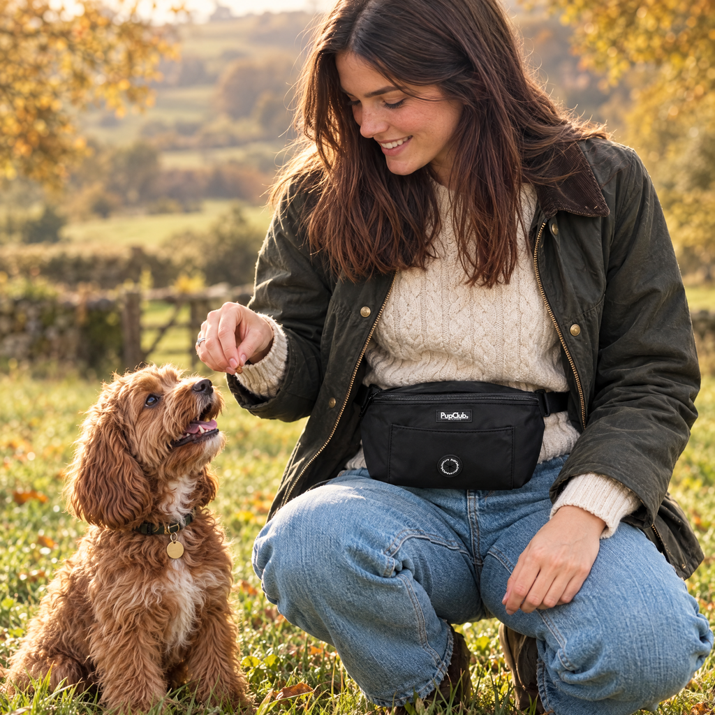 Woman giving her dog a treat from the Black dog walking bum bag by PupClub Couture