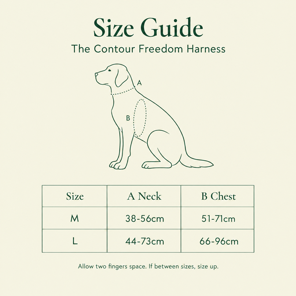 Contour Freedom harness size guide: Medium neck 38-56cm chest 51-71cm, Large neck 44-73cm chest 66-96cm
