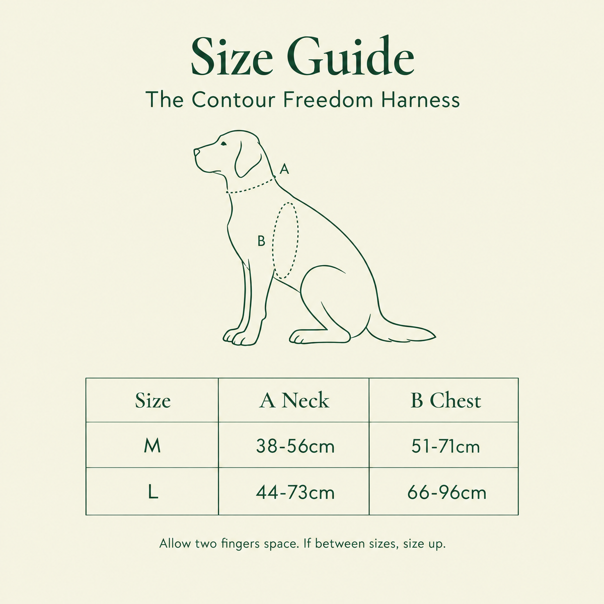 Contour Freedom harness size guide: Medium neck 38-56cm chest 51-71cm, Large neck 44-73cm chest 66-96cm