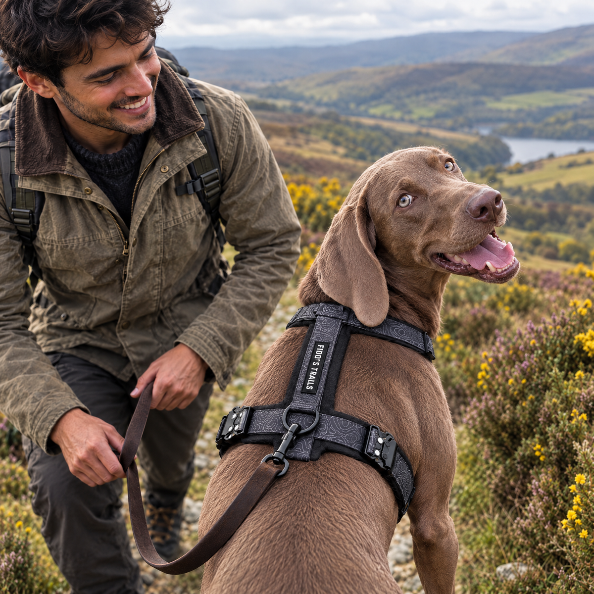 Weimaraner in the Mountain Black Contour Freedom harness by Fido's Trails on Exmoor
