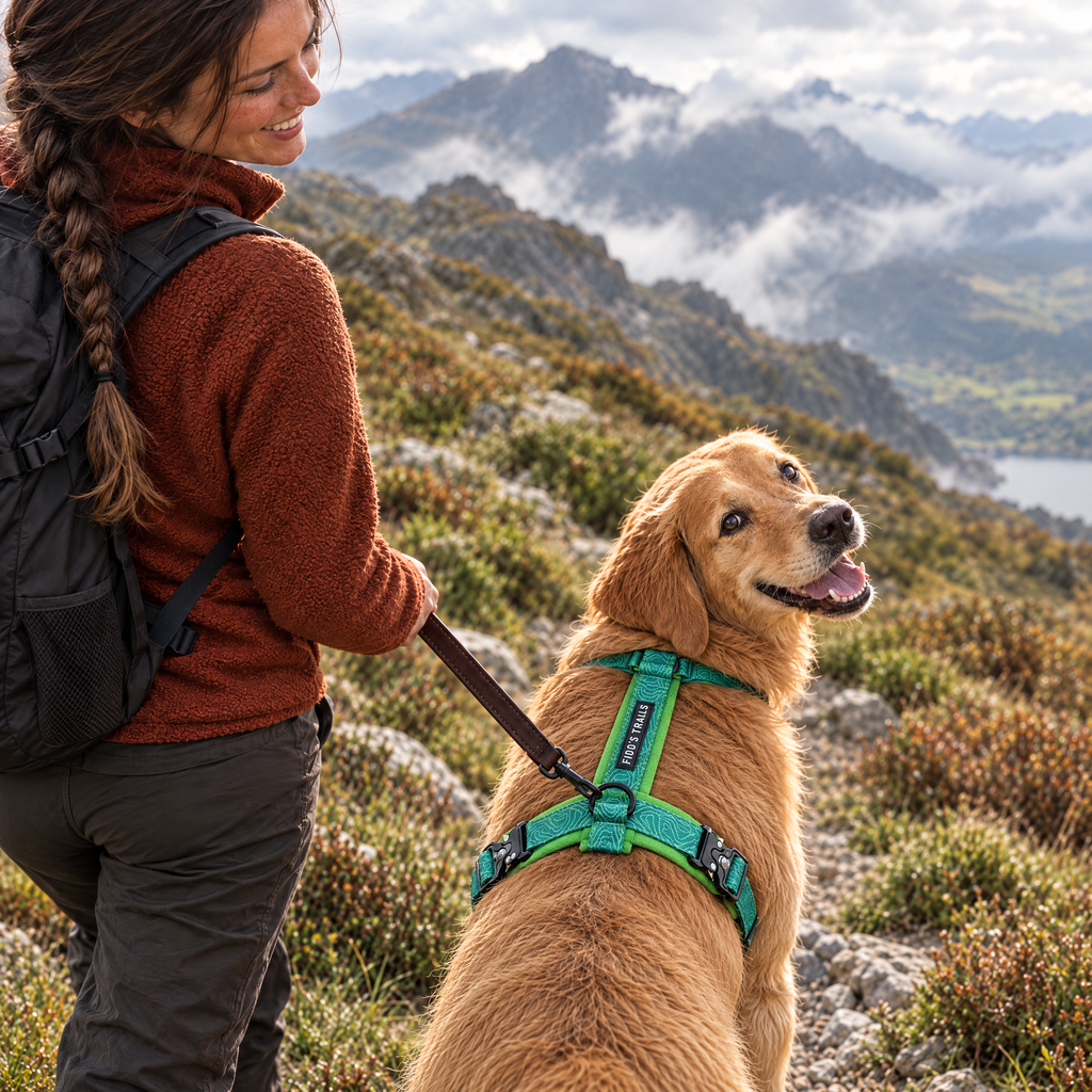 Dog walking in the Meadow Green Contour Freedom harness by Fido's Trails