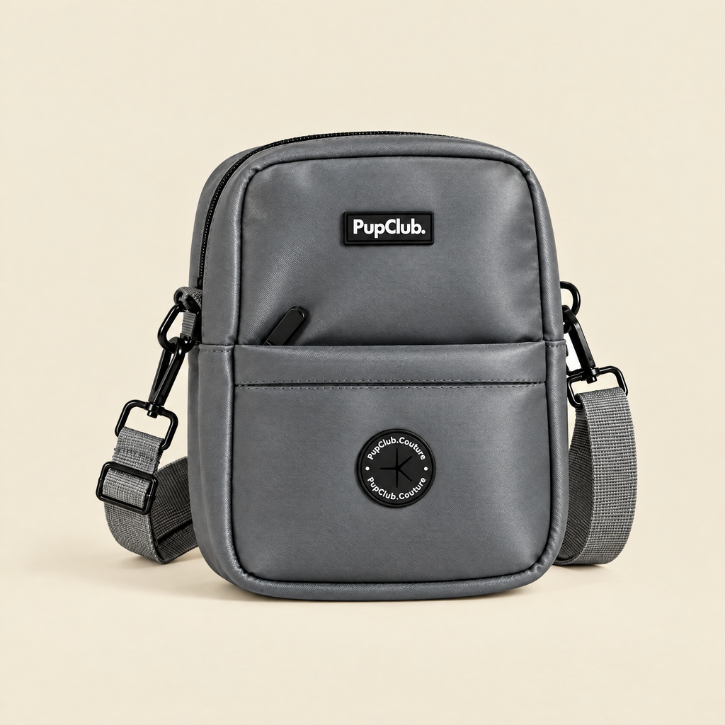 Grey mini dog walking bag with poo bag dispenser by PupClub Couture