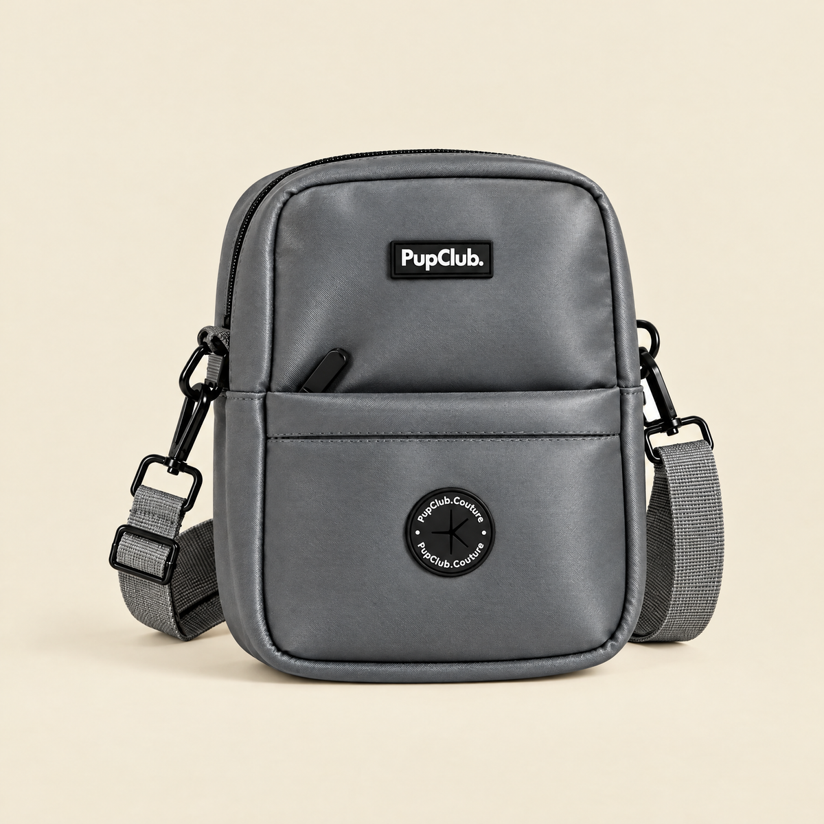 Grey mini dog walking bag with poo bag dispenser by PupClub Couture