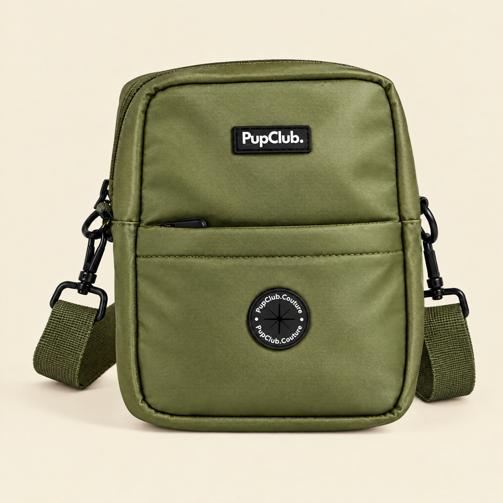 Khaki Green mini dog walking bag with poo bag dispenser by PupClub Couture