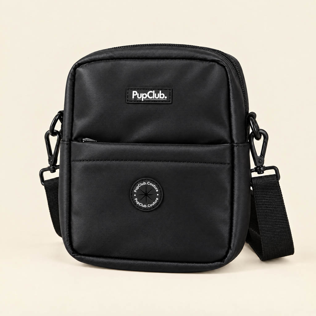 Black mini dog walking bag with poo bag dispenser by PupClub Couture
