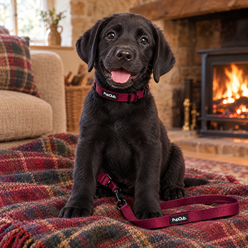 Puppy wearing the Berry Red puppy collar by PupClub Couture