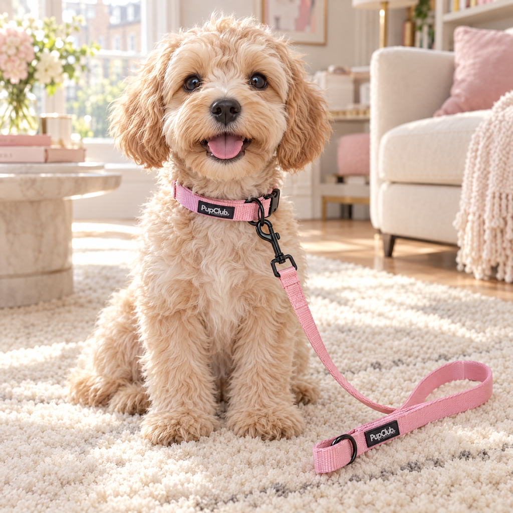 Puppy wearing the Pink puppy collar by PupClub Couture