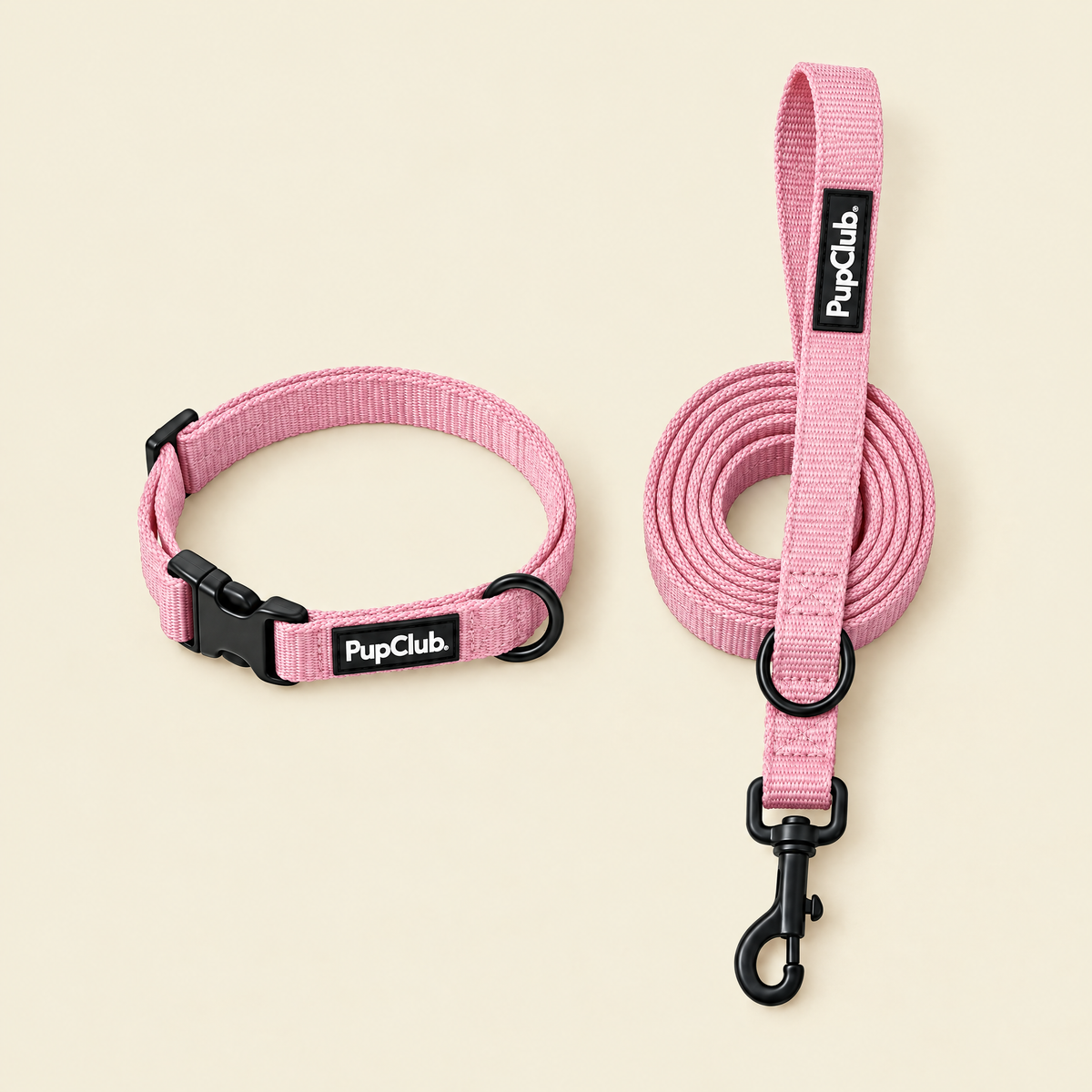 Pink puppy collar and lead set by PupClub Couture