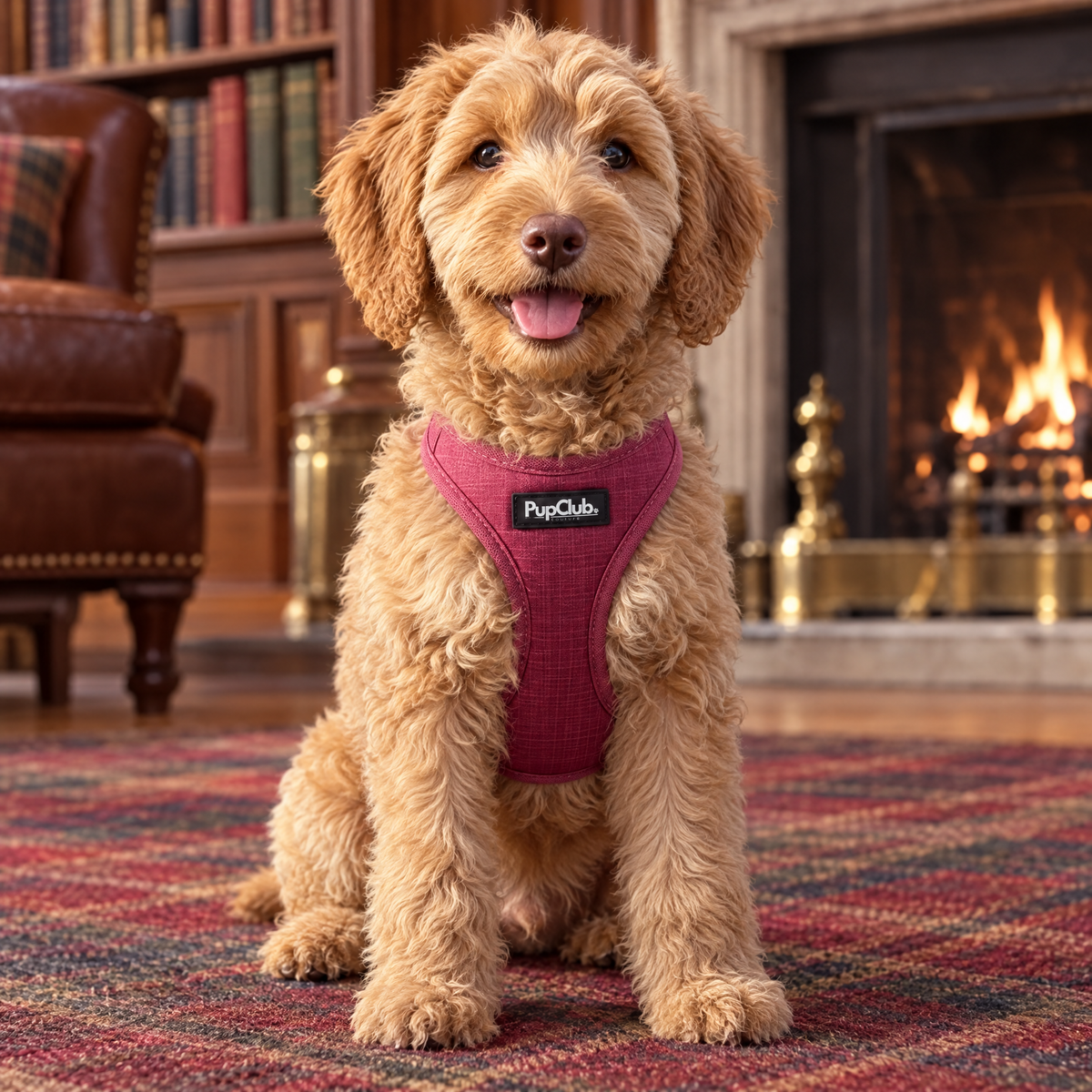 Puppy sitting in the Berry Red puppy step-in harness by PupClub Couture