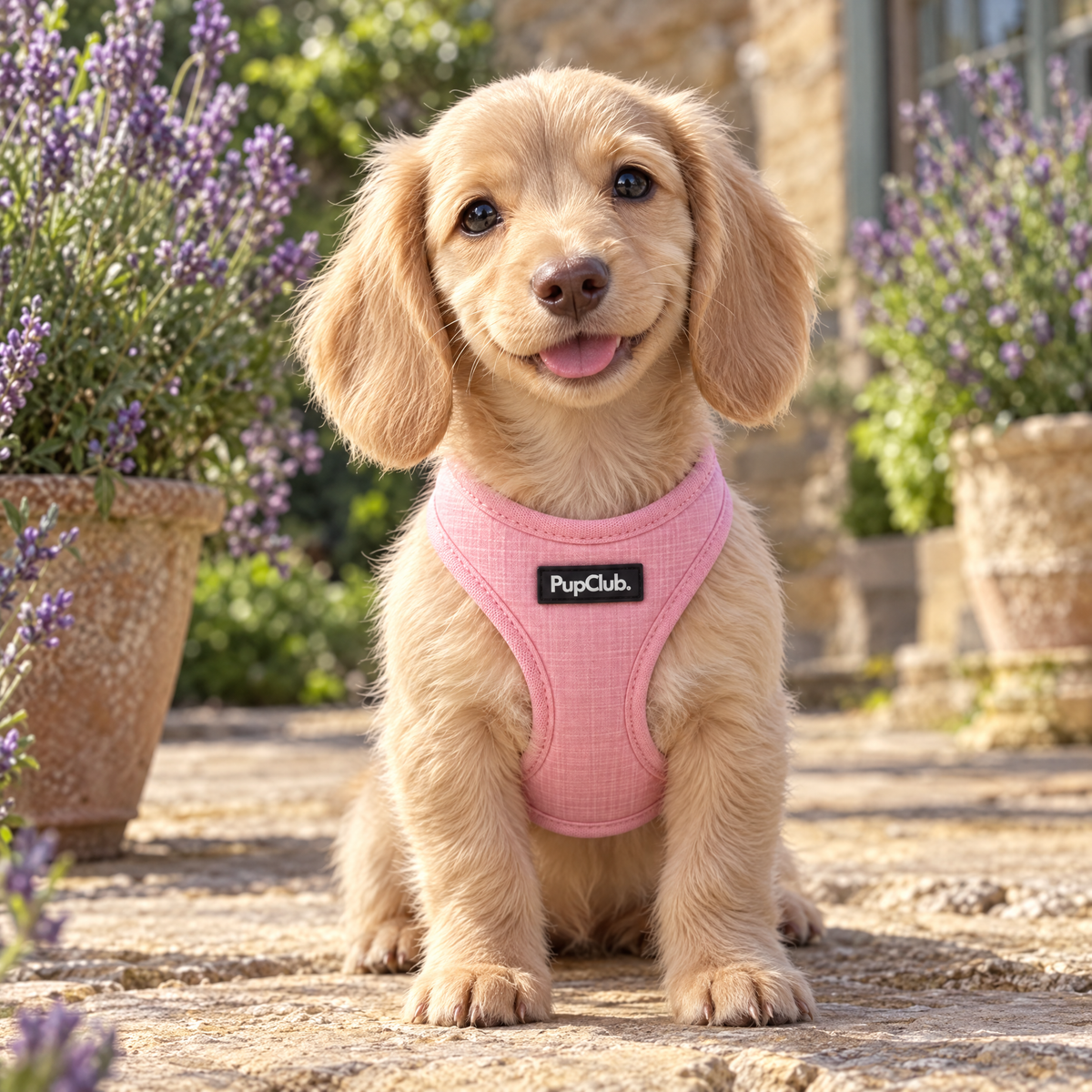 Puppy sitting in the Pink puppy step-in harness by PupClub Couture