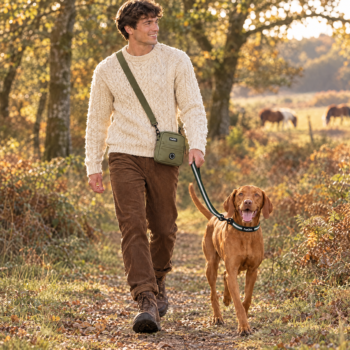 Dog walker wearing the Khaki Green mini dog walking bag by PupClub Couture