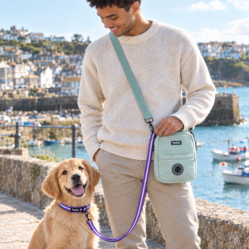 Close-up of the Sage Green mini dog walking bag by PupClub Couture worn at the hip
