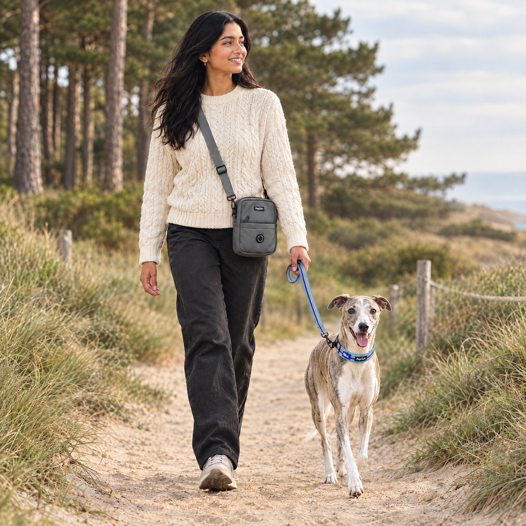Dog walker wearing the Grey mini dog walking bag by PupClub Couture