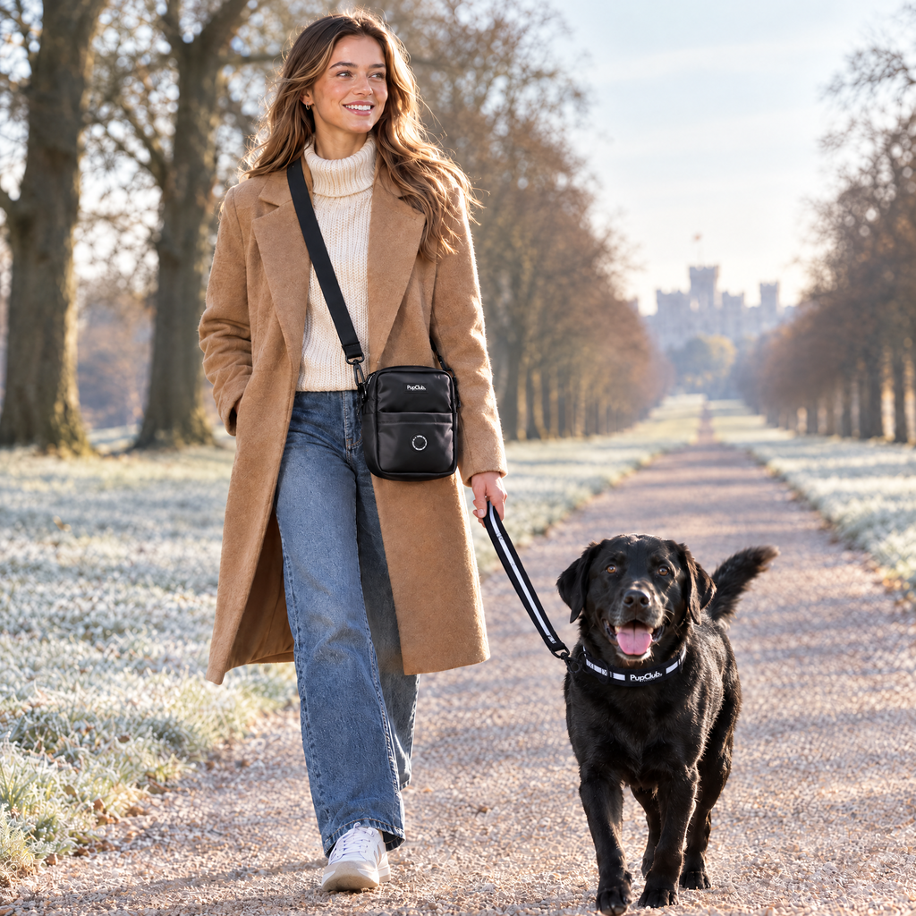 Dog walker wearing the Black mini dog walking bag by PupClub Couture