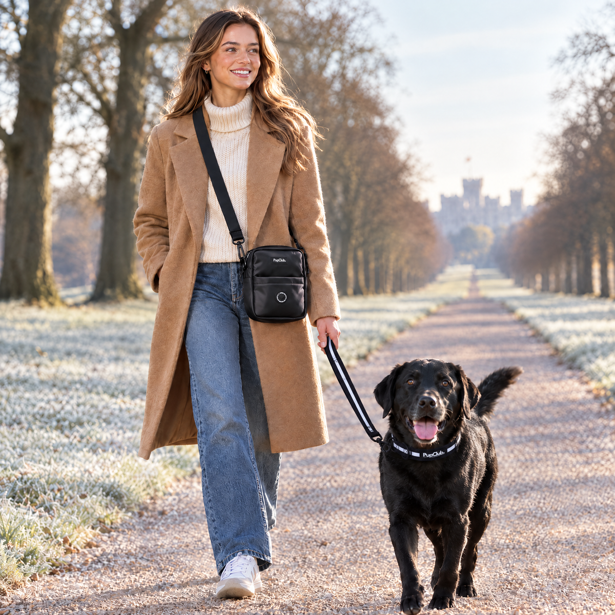 Dog walker wearing the Black mini dog walking bag by PupClub Couture