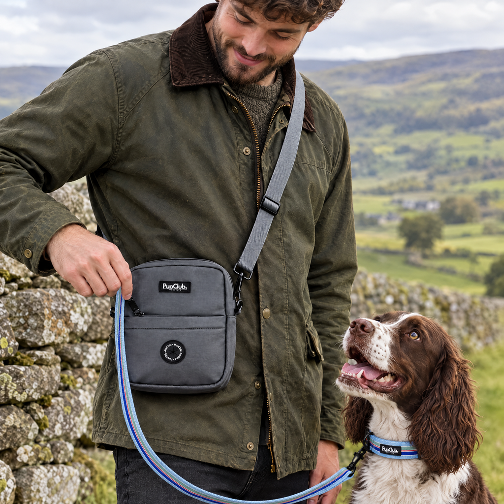 Close-up of the Grey mini dog walking bag by PupClub Couture worn at the hip