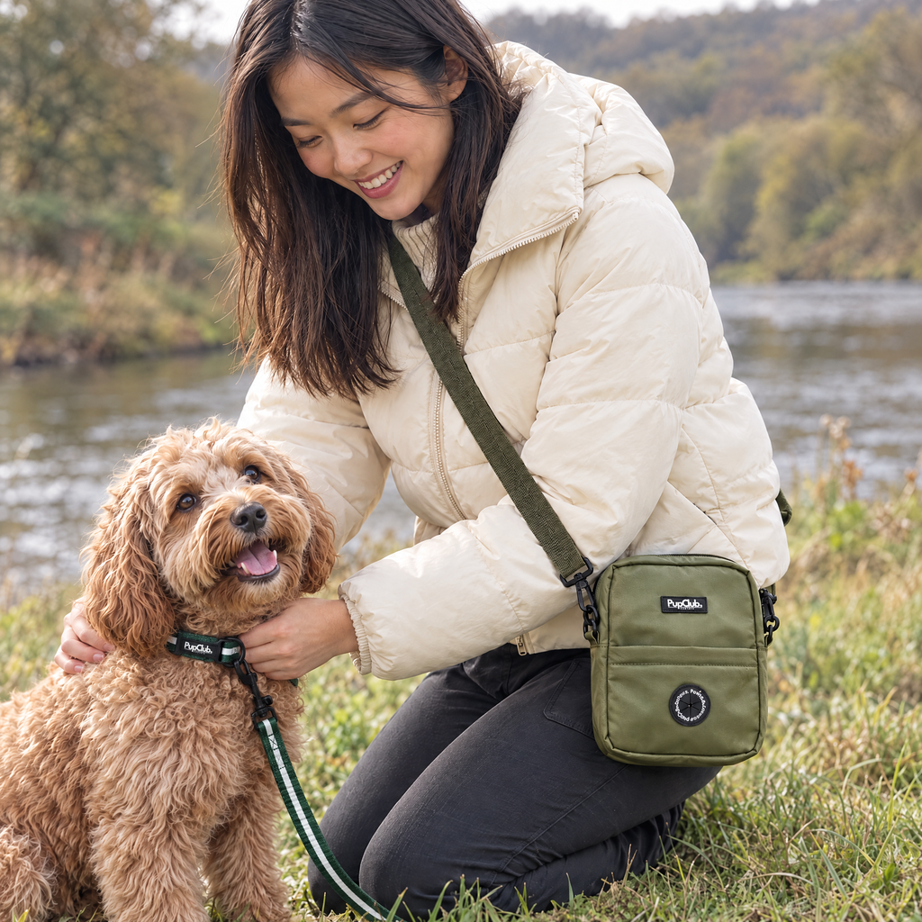 Close-up of the Khaki Green mini dog walking bag by PupClub Couture worn at the hip