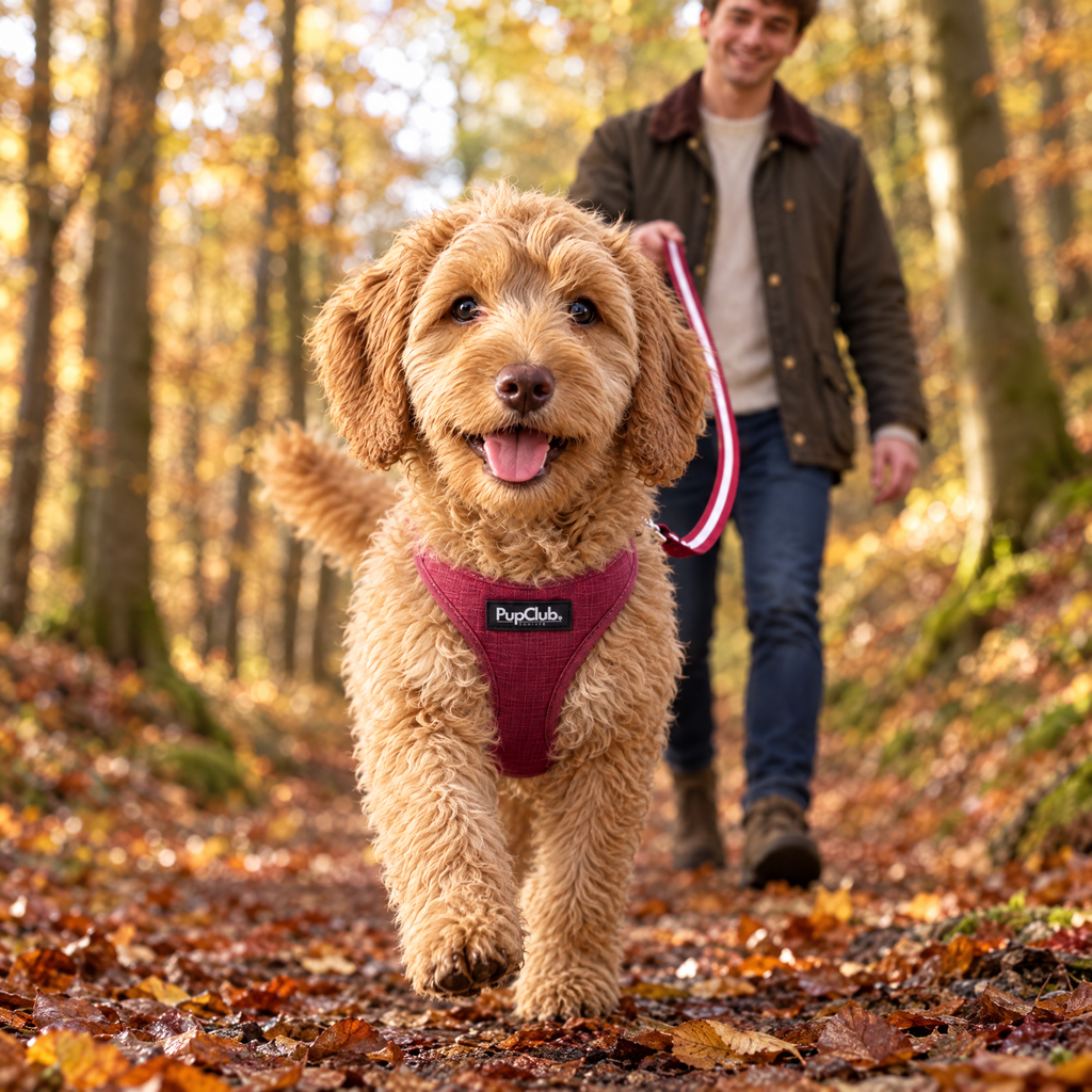 Puppy walking in the Berry Red puppy step-in harness by PupClub Couture
