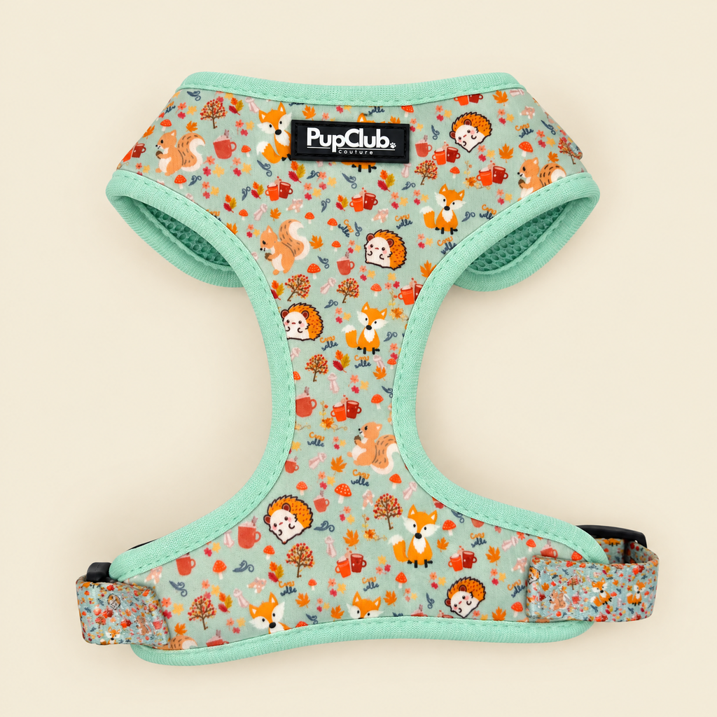 Woodland Friends adjustable dog harness by PupClub Couture laid flat on cream