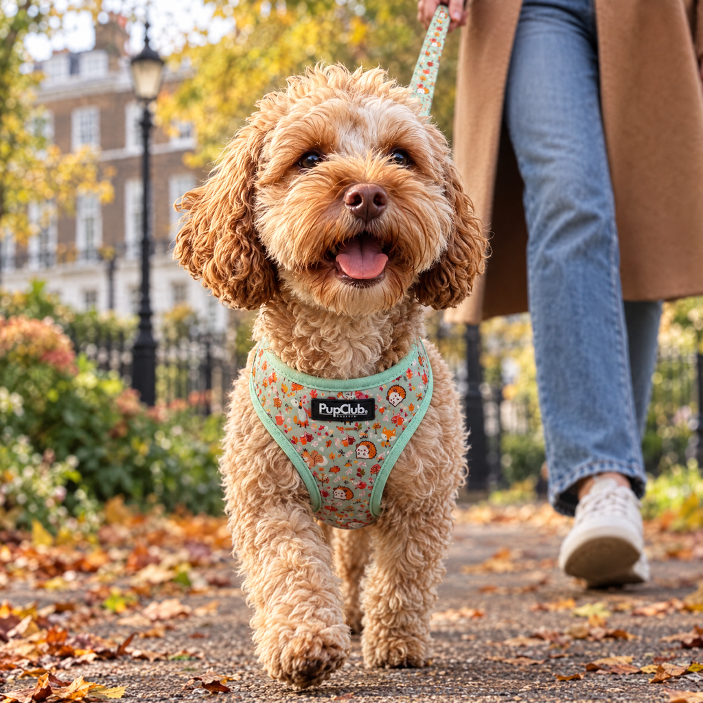 Cockapoo trotting towards the camera in the Woodland Friends adjustable harness and matching lead by PupClub Couture