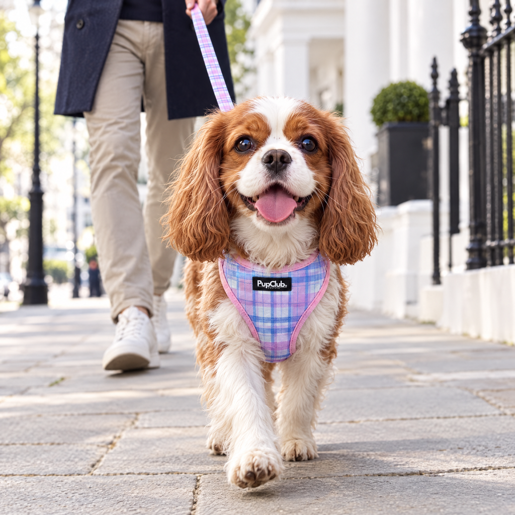 Cavalier King Charles spaniel trotting towards the camera in the Pink Tartan adjustable harness and matching lead by PupClub Couture