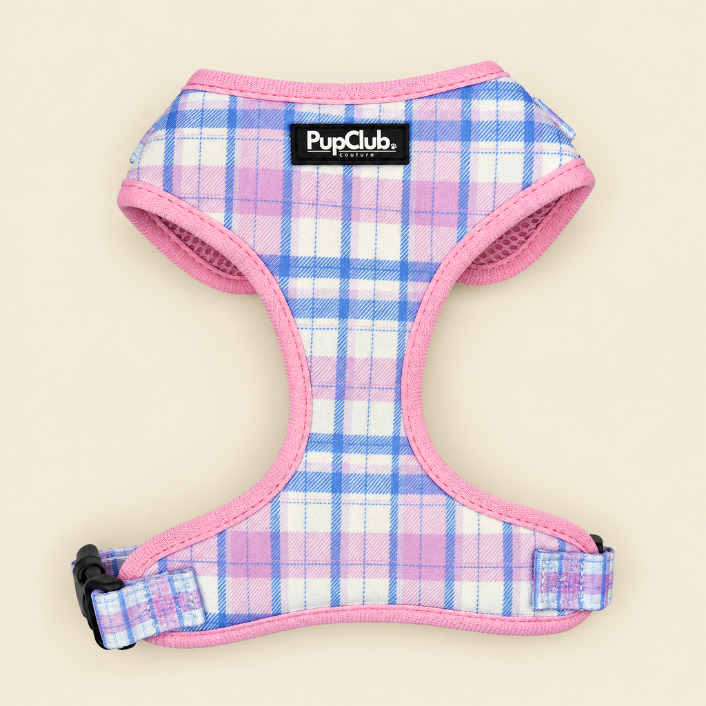 Pink Tartan adjustable dog harness by PupClub Couture laid flat on cream